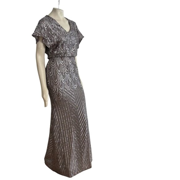 BETSY & ADAM Art Deco V-neck Sequins Formal Dress in Silver Mocha SZ 6 - Picture 4 of 10